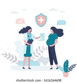 Pregnant woman at the gynecologist's appointment. Consultation and recommendations of a physician. Prenatal medicine,famale characters. Trendy vector illustration