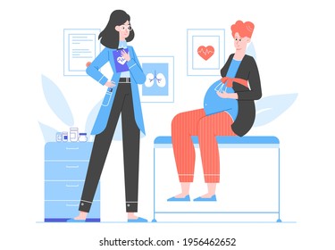 Pregnant woman at a gynecologist's appointment. Doctor's office, pregnancy and childbirth management. Taking care of the health of expectant mother and child. Vector flat illustration.