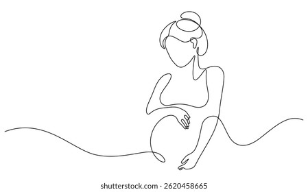 mulher grávida cabelo bun linha arte contínua. mãe tocando barriga mão desenhada decorativo minimalismo vetor ilustração