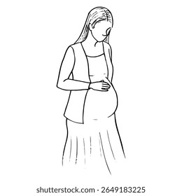 mulher grávida com a mão na barriga gravidez tardia retrato sem rosto - desenhado à mão ilustração de arte de linha
