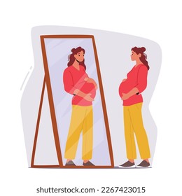 Pregnant Woman With Hands On Belly Looks At Herself In Mirror. Her Reflection Shows A Beautiful, Glowing Woman Feeling Overwhelmed Or Reflective due to Childbirth. Cartoon People Vector Illustration