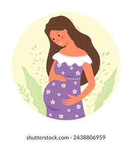 Pregnant woman with hands on her belly.Happy pregnancy.Vector stock illustration in flat style.