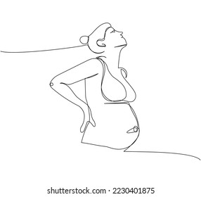 Pregnant woman, hands on the lower back one line art. Continuous line drawing of pregnancy, motherhood, preparation for childbirth, pregnancy pain, late pregnancy.