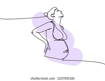 Pregnant woman, hands on the lower back one line art with colorful elements. Continuous line drawing of pregnancy, motherhood, preparation for childbirth, pregnancy pain, late pregnancy.