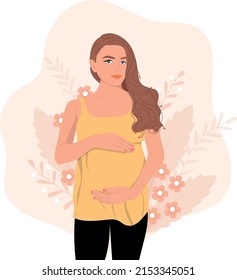 Pregnant woman with hands over her belly. Modern banner about pregnancy and motherhood.
