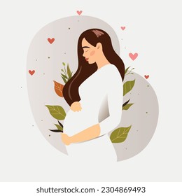 Pregnant woman, happy expectant mother standing in nature and hugging her belly with her hands. Side view. Pregnancy and motherhood. Vector illustration in a flat style.