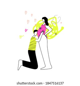 Pregnant woman and happy future father. Husband hugs his wife belly. Baby awaiting illustration. Vector line art abstract trendy poster for reproductive clinics. Maternity parenthood concept.