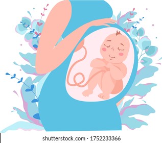 A pregnant woman with a happy healthy baby in her stomach. Pregnancy, mother's day card. Flat vector illustration.