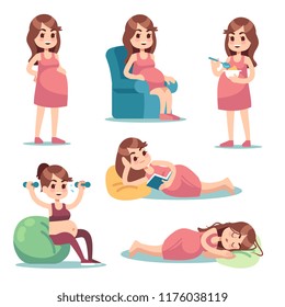 Pregnant woman. Happy mother in pregnancy eating, doing exercises, sitting and standing. Young pregnant female vector characters. Mother pregnant, healthy fitness for female pregnancy illustration