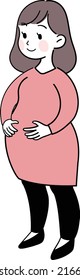 The pregnant woman has a happy expression.