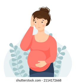 A pregnant woman has a headache. The pregnant girl is not feeling well. Vector flat illustration.