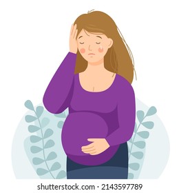 A pregnant woman has a headache. The pregnant girl is feeling bad. Vector flat illustration.