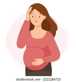 A pregnant woman has a headache. The pregnant girl is feeling bad. Vector flat illustration.