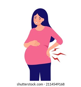 Pregnant woman having backache symptom in flat design on white background. Tired pregnant female.