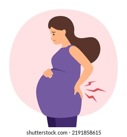 Pregnant woman having backache symptom in flat design. Tired pregnant with low back pain.