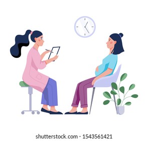 Pregnant woman having a consultation with doctor. Female character expecting baby. Idea of pregnancy. Isolated flat vector illustration