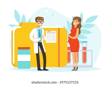 Pregnant Woman Having Consultation at Doctor in Medical Clinic, Prenatal Medicine, Medical Care Vector Illustration