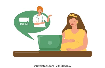 Pregnant woman having an online consultation with a doctor. Motherhood, caring for the health of the expectant mother, medical care, support, modern technology. Vector color illustration.