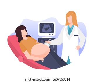 Pregnant woman having ultrasound scanning at the medical clinic illustration