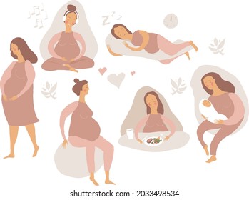 Pregnant Woman healthy Lifestyle Set, Happy Mother in Pregnancy Doing Exercises, nutrition, Sleeping, relaxing, flat Vector Illustration
