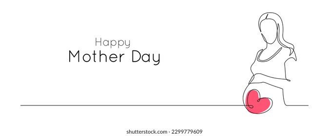 Pregnant Woman and heart in one continuous line drawing. Healthy pregnancy and birth baby symbol in simple linear style. Concept for Happy Mother day banner. Editable stroke. Vector illustration