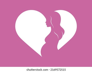 Pregnant woman and heart shape silhouette icon vector. Beautiful pregnant woman with white heart shape design element isolated on a purple background. Motherly love symbol