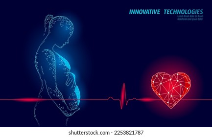 Schwangere mit Herzschlag Symbol. Kardiotokografie CTG Medizin prenanal Zentrum Klinik Poster Konzept. 3D-Digital-Vektorgrafik mit Low-Poly-Technologie