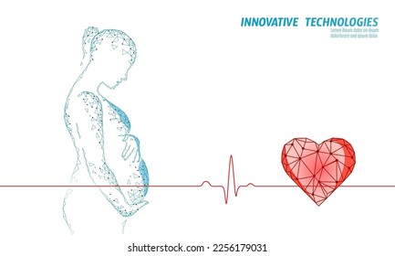 Pregnant woman with heartbeat symbol. Cardiotocography CTG medicine prenanal center clinic poster concept. 3D low poly digital vector illustration