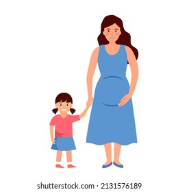 Pregnant woman with her child daughter in flat design on white background.