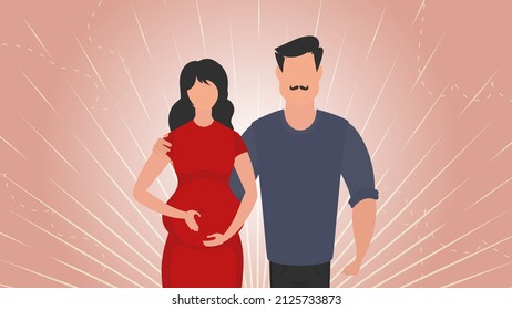 Pregnant woman with her husband. Banner on the theme Young family is waiting for the birth of a child. Positive and conscious pregnancy. Vector illustration.