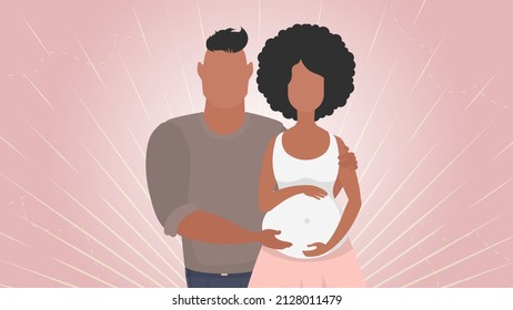 Pregnant woman with her husband. Banner on the theme Young family is waiting for the birth of a child. Positive and conscious pregnancy. Cute illustration in flat style.