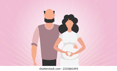 Pregnant woman with her husband. Banner on the theme Young family is waiting for the birth of a child. Happy pregnancy. Cute illustration in flat style.