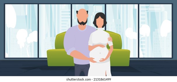 Pregnant woman with her husband. Banner on the theme of couple jet baby. Happy pregnancy. Vector illustration in a flat style.