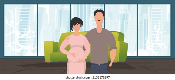 Pregnant woman with her husband. Banner on the theme of couple jet baby. Happy pregnancy. Vector in cartoon style.