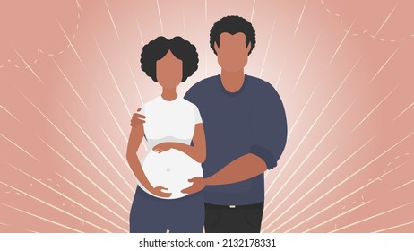 Pregnant woman with her husband. Banner on the theme of couple jet baby. Positive and conscious pregnancy. Cute illustration in flat style.