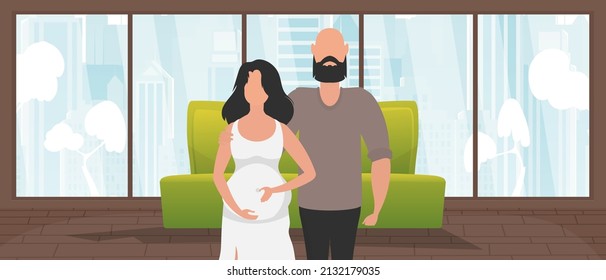 Pregnant woman with her husband. Banner on the theme of couple jet baby. Happy pregnancy. Cute illustration in flat style.