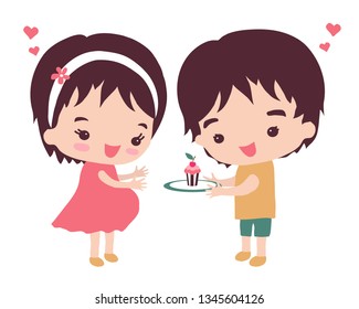 A pregnant woman and her husband with a cake in their hands on a white background. Vector illustration.