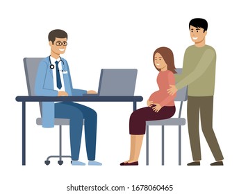 Pregnant woman with her husband at a doctor's consultation. Vector flat illustration.

