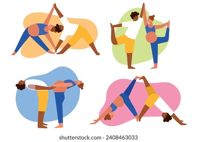 Pregnant woman and her husband doing yoga. Young couple is preparing for childbirth, sports family, stretching and gymnastic, vector set.eps
