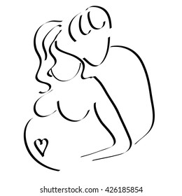 Pregnant woman with her husband, family, waiting for the child, vector sketch