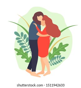 Pregnant woman with her husband flat style illustration. Happy couple of husband and wife prepare become parents. Man embracing pregnant woman in red dress with big belly. Young family waiting baby.