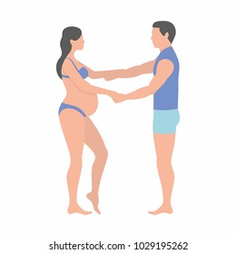 pregnant woman and her husband holding hands on white background