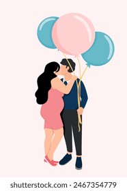 Pregnant woman and her husband holding gender reveal balloons