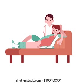Pregnant woman and her husband lying on sofa in flat style - vector illustration of happy family couple expecting baby relax and read book at home isolated on white background.