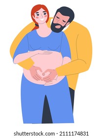 Pregnant woman with her husband. A man hugs his bare pregnant belly with his hands. The future father shows tenderness.
Flat vector illustration