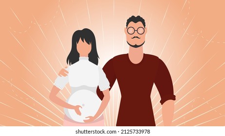 Pregnant woman with her husband. A poster on the theme of a child's steam jet. Happy pregnancy. Vector illustration in a flat style.