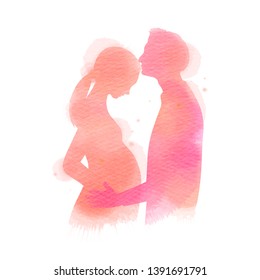 Pregnant woman with her husband silhouette plus abstract watercolor painted. A man kissing his wife. Digital art painting