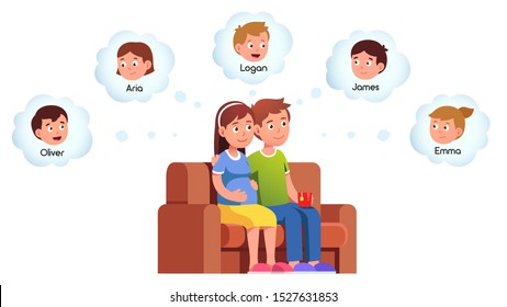 Pregnant woman & her husband sitting on couch & picking perfect name for unborn baby. Young couple family expecting child & choosing from possible children names. Flat vector isolated illustration