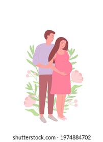 A pregnant woman and her husband are standing. Young family, the concept of love and care. Vector illustration, flat.