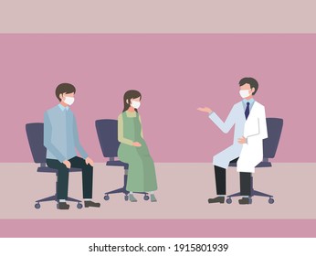 Pregnant woman and her husband undergoing a medical examination at the hospital illustration